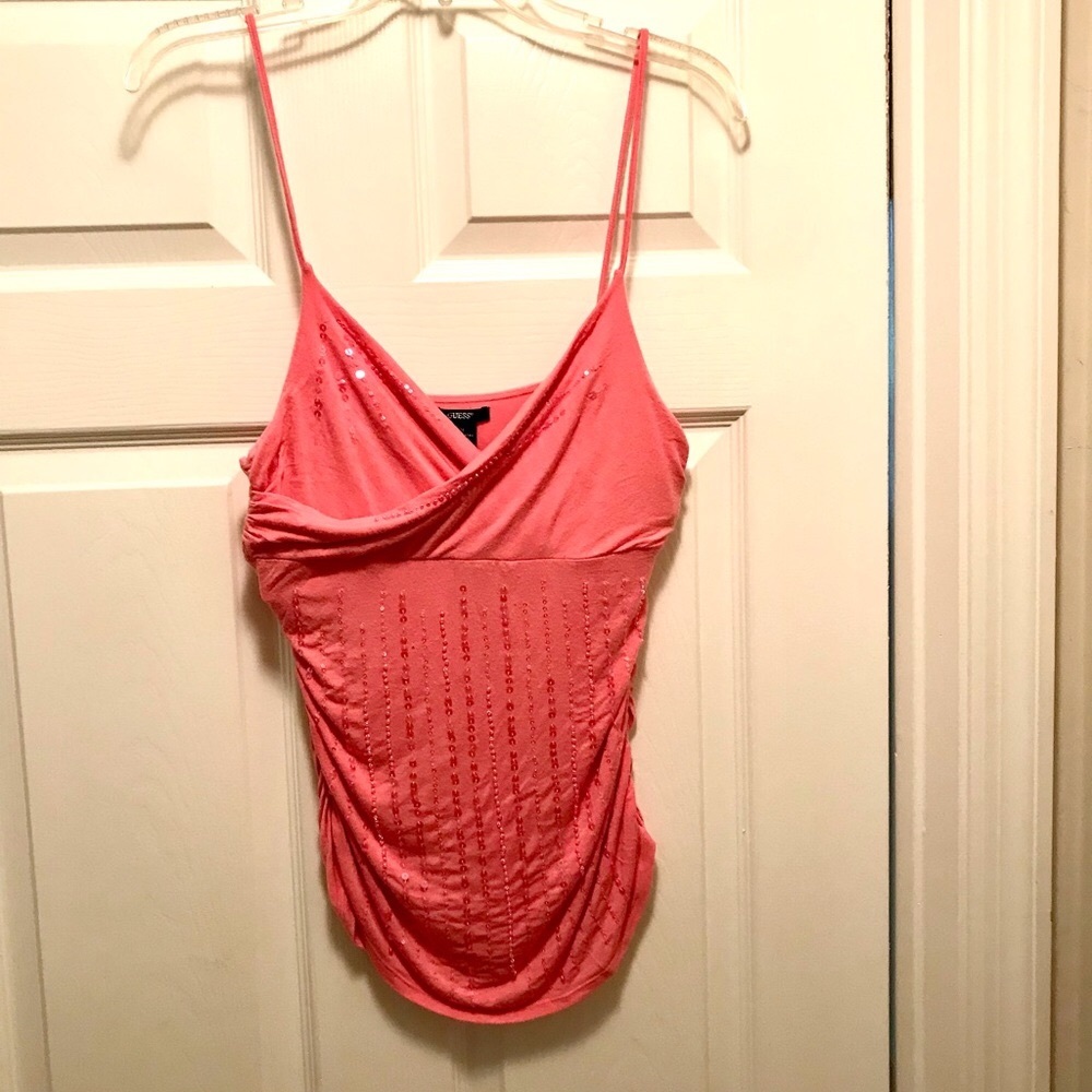 Guess Coral Camisole with Beads and Sequins on Front. Ruched Sides Size Medium